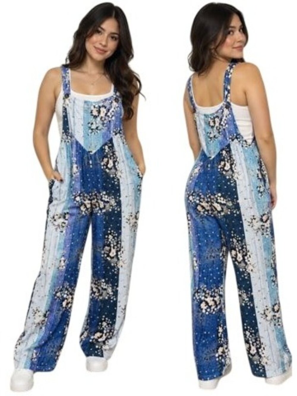 Floral Women’s Blue & White Wide-Leg Adjustable Strap Jumpsuit Size 2XL